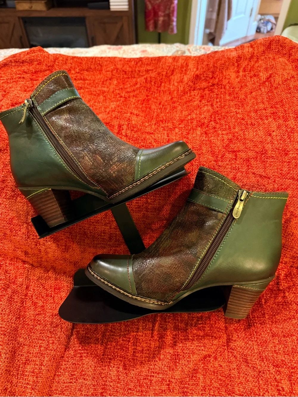 Women's Green Leather Ankle Booties with Decorative Buckle